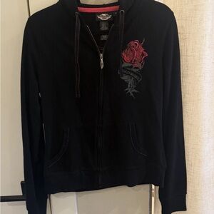 Harley Davidson Y2K Style Full Zip Hoodie W/Embroidered Rose Wings Size Small